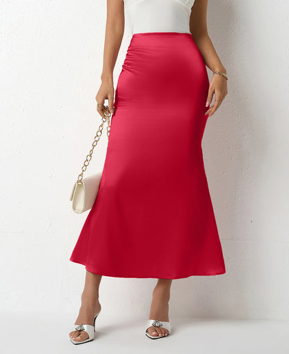 Women Clothing Spring Summer Slim Satin Skirt Satin Mid Length Sheath Fishtail Skirt