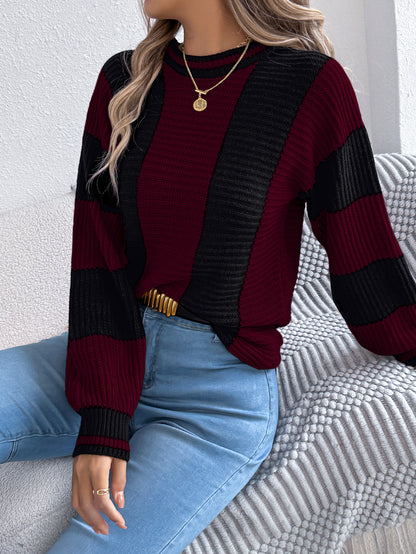 Autumn Winter Casual Contrast Color Striped Lantern Long Sleeve Pullover Women Clothing