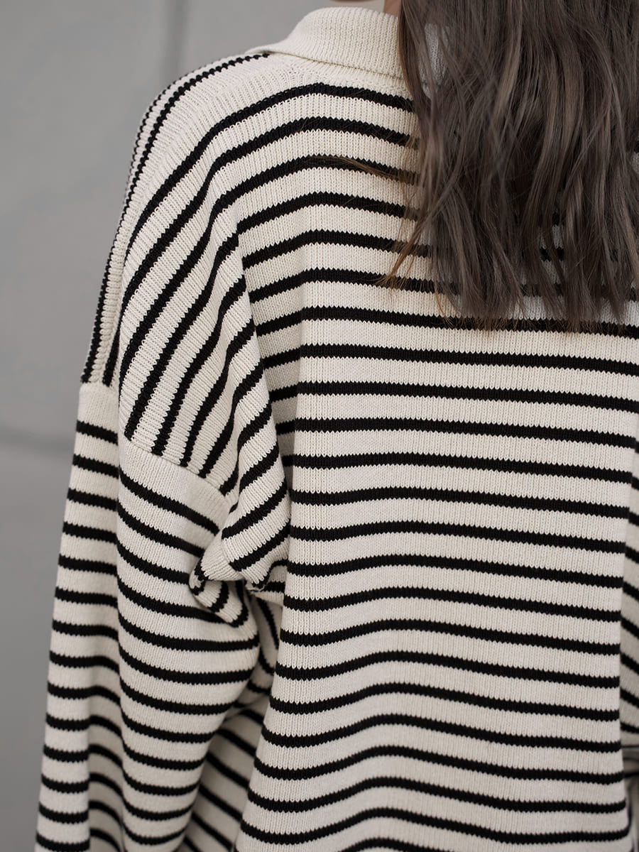 Black Striped Sweater Autumn Winter Polo Collar Striped Long Sleeve Loose Pullover Sweater Women