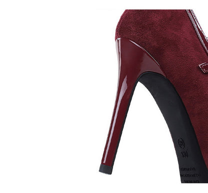 Cocktail Bow Rivet Pointed Toe High Heels Suede T Shape Buckle Sexy Women Shoes Pumps