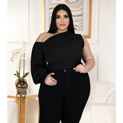 Plus Size Solid Color Shoulder Shoulder Sleeve Asymmetric Top Women