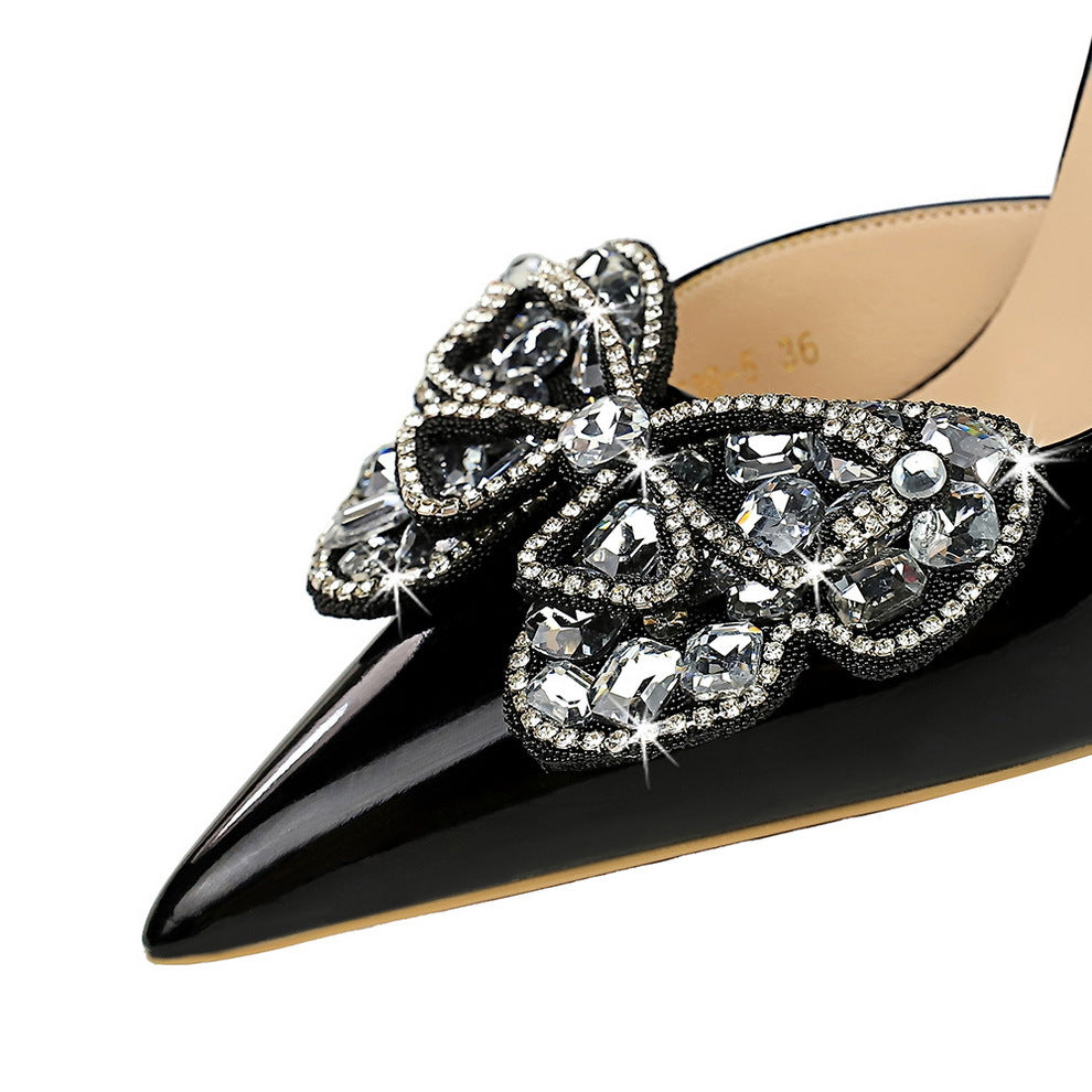 Cocktail Super High Heel Cocktail Women Shoes Patent Leather Stilettos Shallow Mouth Pointed Toe Rhinestone Bow Pumps