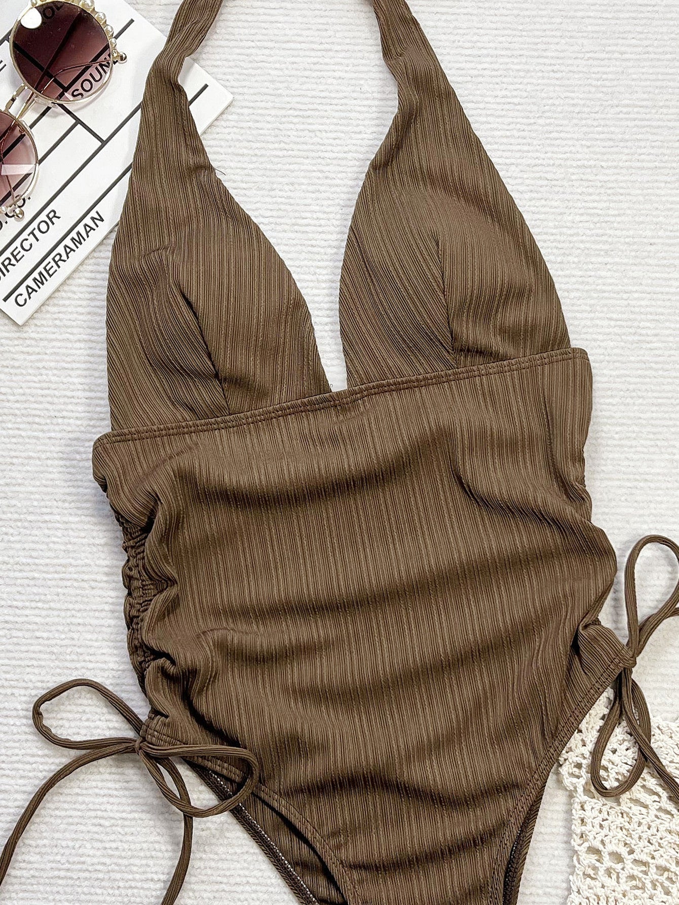 Bikini Deep V Plunge neck Hollow Out Cutout out Pleated One Piece Swimsuit