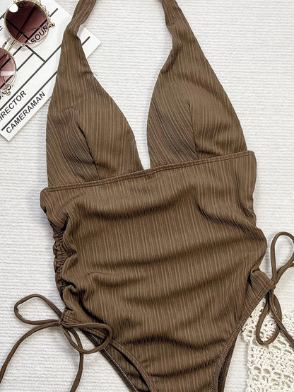 Bikini Deep V Plunge neck Hollow Out Cutout out Pleated One Piece Swimsuit