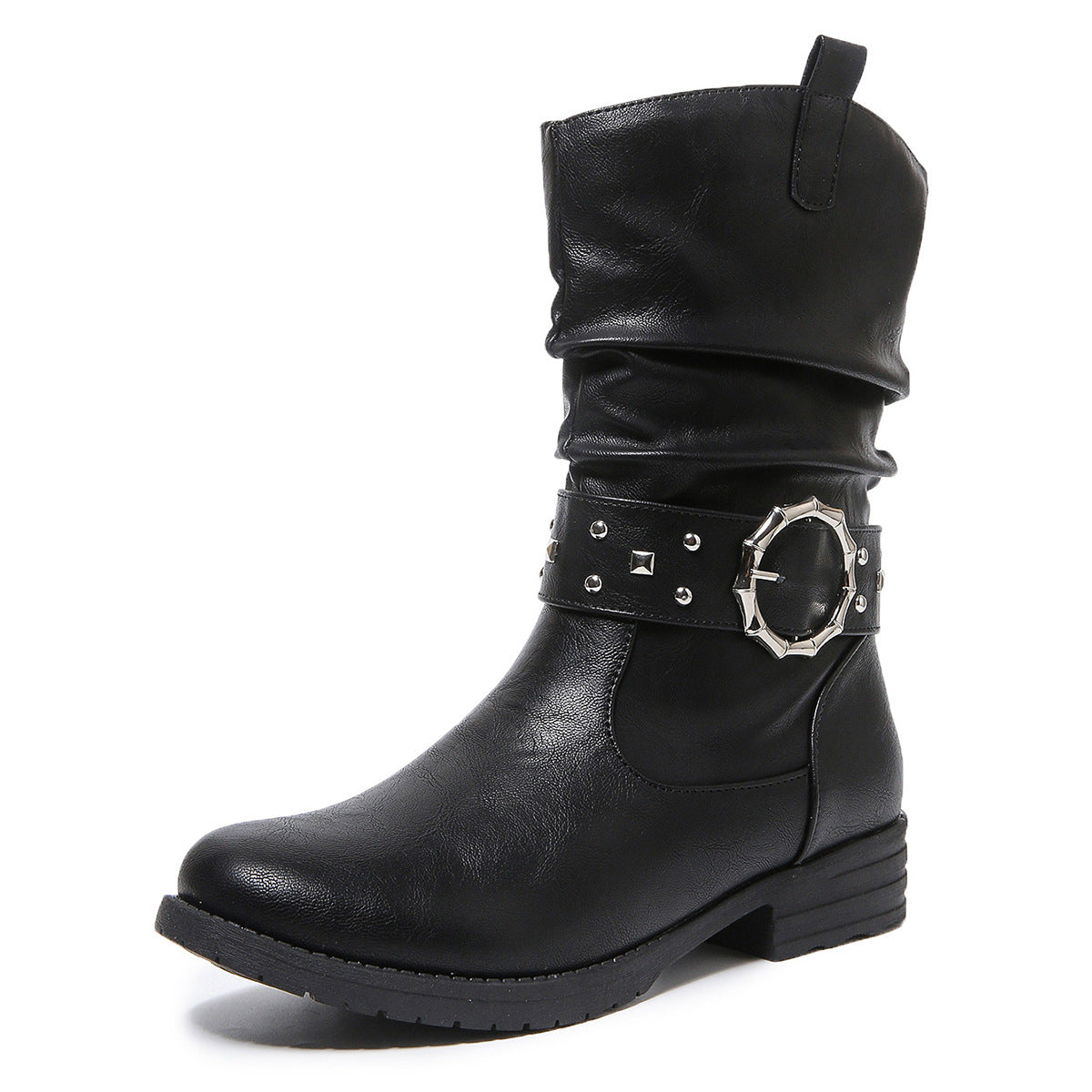 Western Denim Mid-Calf Boots for Women Chain Rivet Chunky Heel Knight Boots