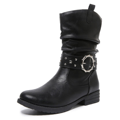 Western Denim Mid-Calf Boots for Women Chain Rivet Chunky Heel Knight Boots