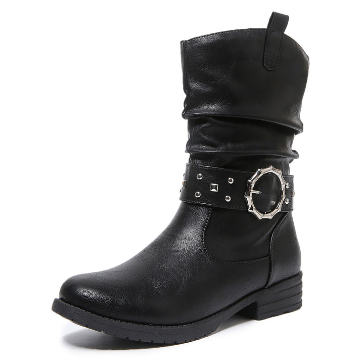 Western Denim Mid-Calf Boots for Women Chain Rivet Chunky Heel Knight Boots - GLAMWEARS