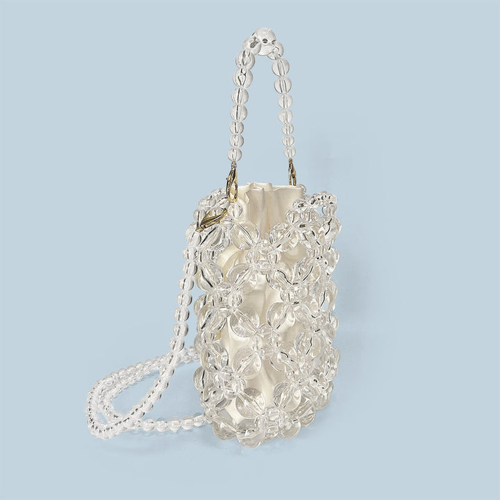 Transparent Irregular Asymmetric Hand Woven Acrylic Crystal String Beads Cocktail Mobile Phone Bag Cross Body Bucket Pouch - GLAMWEARS