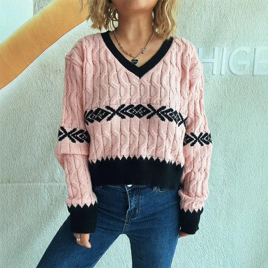 Jacquard Short Knit Top V neck Street Casual Sweater