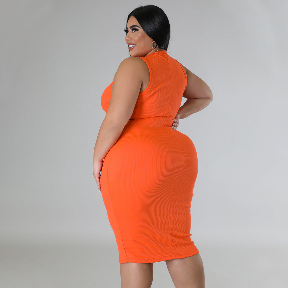 Plus Size Women Clothing Casual Solid Color Spring Summer Sleeveless Dress