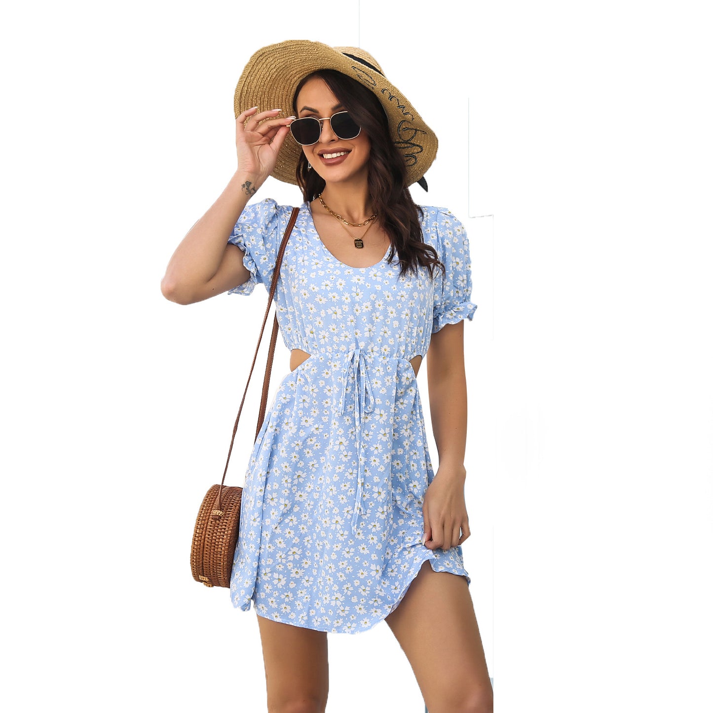 Women Clothing Summer Puff Sleeve Cropped Outfit Floral Dress