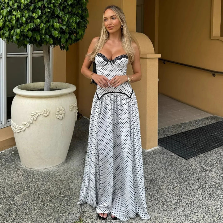 Summer Sweet Skinny Slimming Backless Braces in White Polka Dot Dress Women Clothing - GLAMWEARS