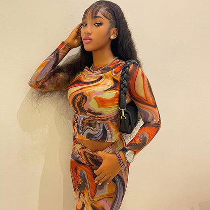 Print round Neck Long Sleeves Cropped Top Sheath Skirt Set Trendy Women