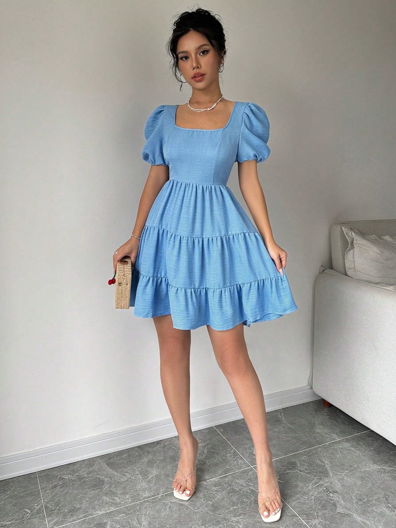 Women Elegant Fresh Sweet Dress Summer Square Collar Backless Design High Waist A line Dress