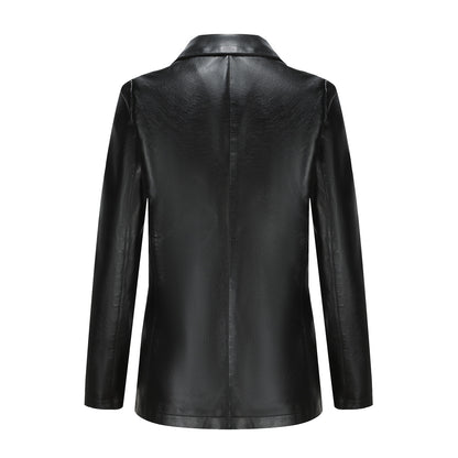 Small Long Sleeved Coat Women Single Button Office Casual Solid Color Leather Coat