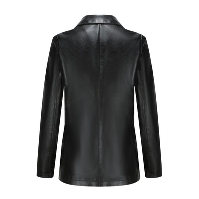 Small Long Sleeved Coat Women Single Button Office Casual Solid Color Leather Coat
