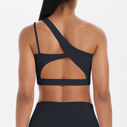 Solid Color One Shoulder Beauty Back Yoga Bra Nude Feel Push up Sports Bra Irregular Asymmetric Shoulder Strap Sports Vest for Women