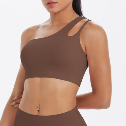 Solid Color One Shoulder Beauty Back Yoga Bra Nude Feel Push up Sports Bra Irregular Asymmetric Shoulder Strap Sports Vest for Women