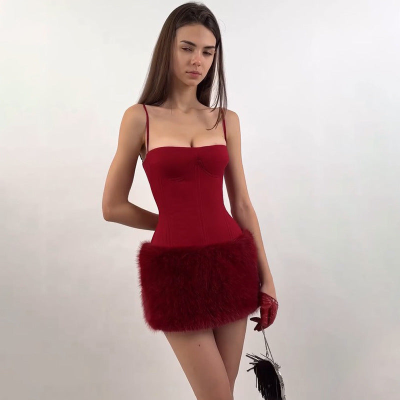 Spring Summer Arrival Christmas Year Sexy Spaghetti Straps Corset Plush Sheath Dress Short Women