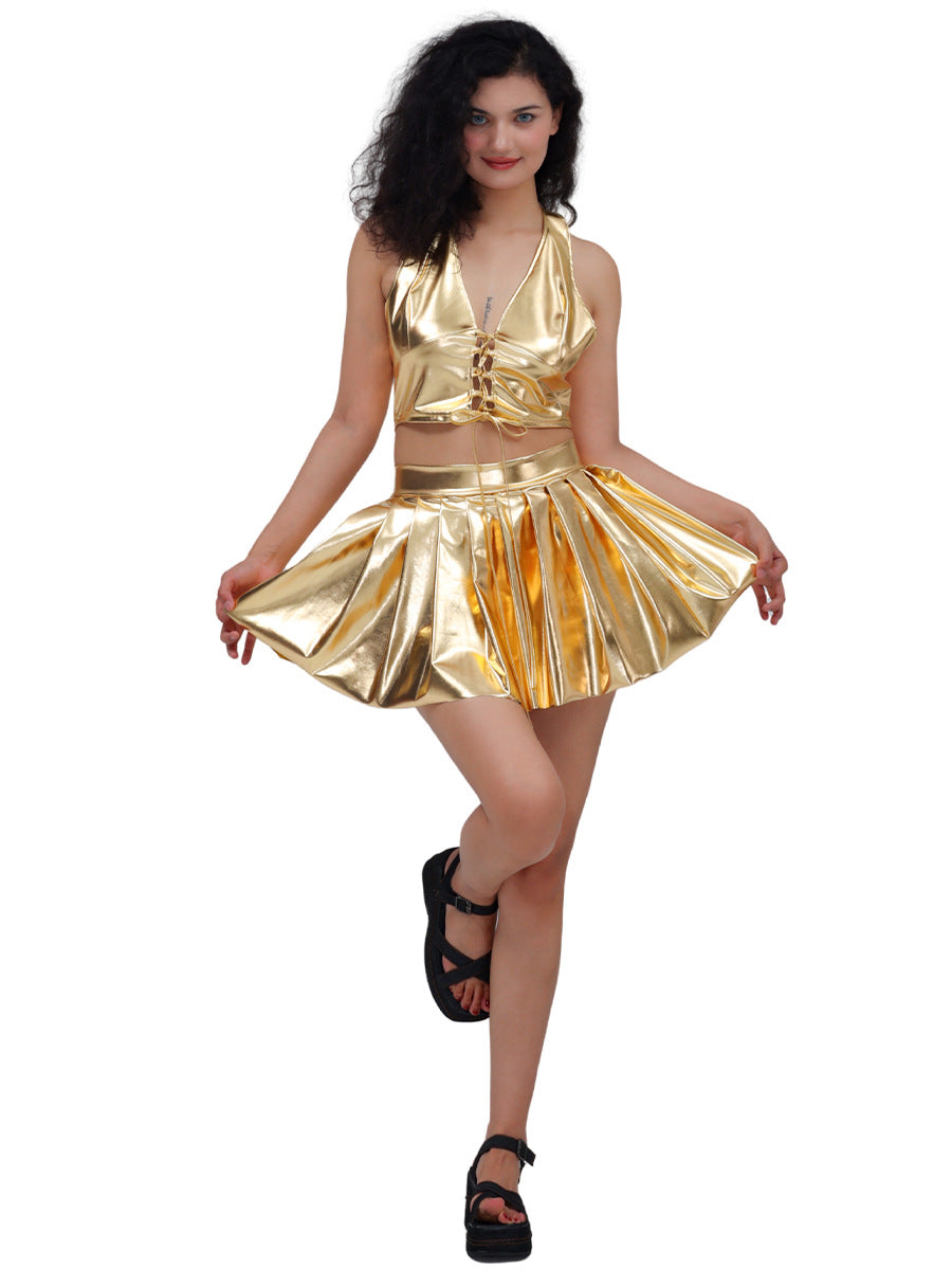 Women Dazzling Patent Leather Pleated Skirt Stage Nightclub High Waist Slimming A line Short Skirt Disco Dancing Costume