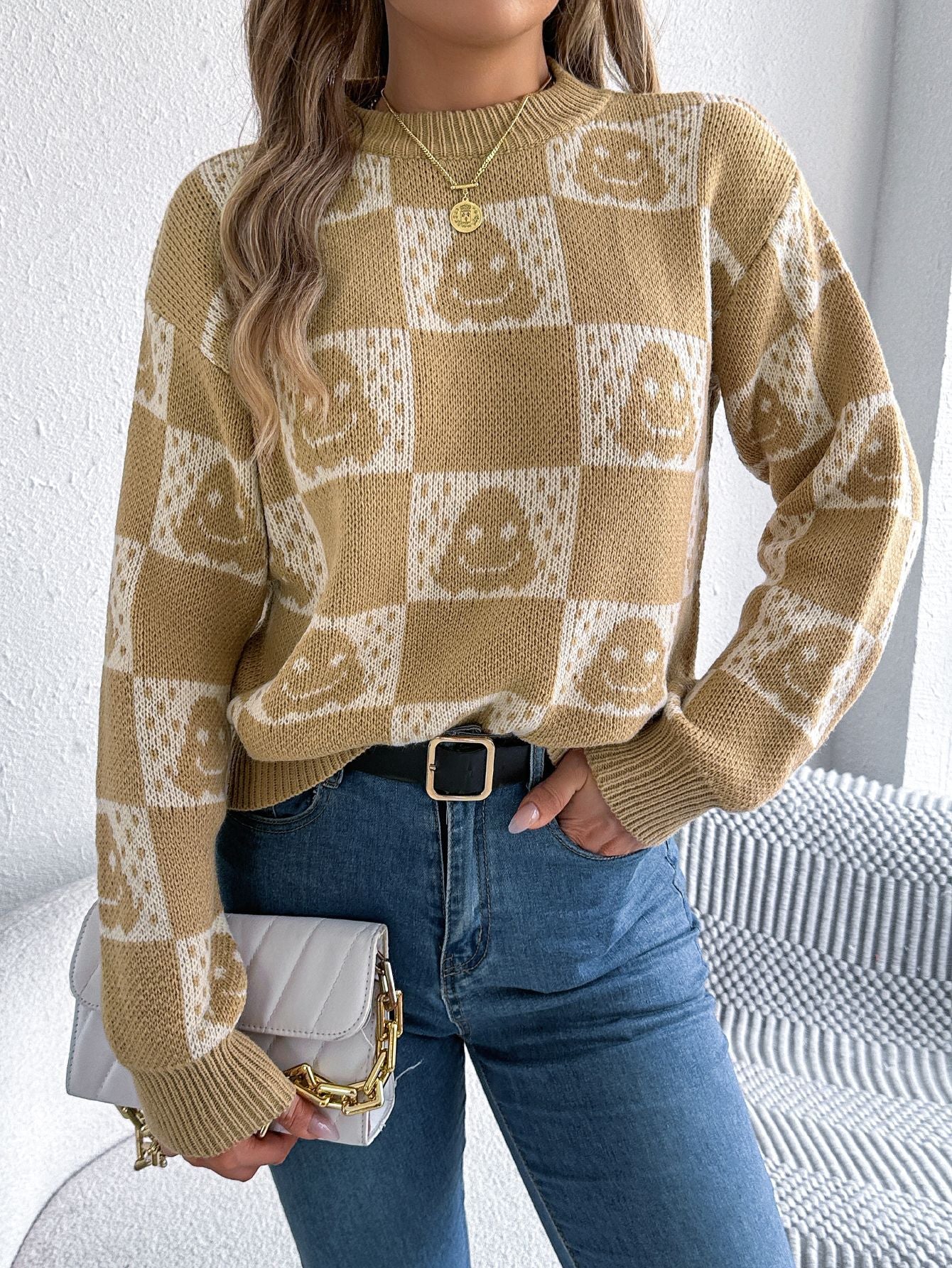 Autumn Winter Halloween Plaid Lantern Long Sleeve Pullover Women Clothing