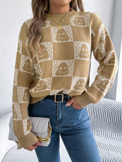 Autumn Winter Halloween Plaid Lantern Long Sleeve Pullover Women Clothing