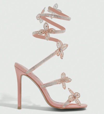 11cm Stiletto Heel White Pink Square Head Women Summer High Heel Sandals Women Rhinestone Floral Heels