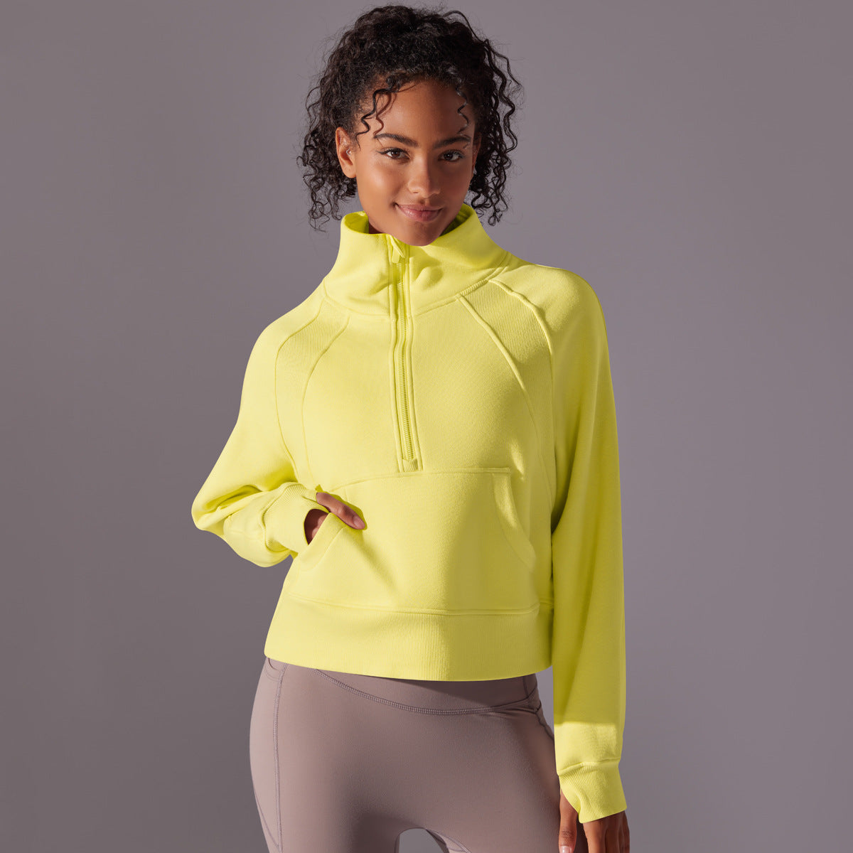 Trendy High Collar Warm Brushed Lining Zipped Sports Coat Loose Yoga Casual All Matching Sweater
