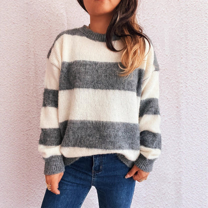 Autumn Winter Striped Color Matching Knitted Top round Neck Chic Casual Loose Sweater Pullover