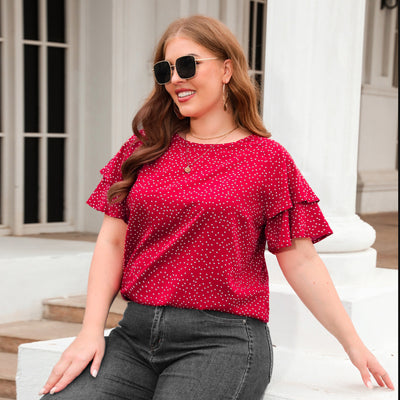 plus Size Polka Dot Loose Fitting Casual T shirt plus Size Women round Neck Short Sleeve Office Top