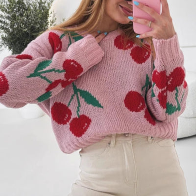 Women Autumn Winter Crew Neck Pullover Sweater Yin Peach Jacquard Casual Loose Long Sleeve Knitwear