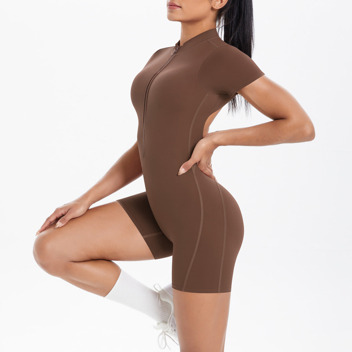 Hollow Out Cutout Beauty Back Short Sleeve Zipper Jumpsuit Peach Hip Sports Fitness Bare Back Jumpsuit Yoga Clothes for Women