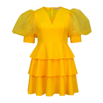 Puff Sleeve Tiered Dress Party Cocktail Party Modeling A line Dresses