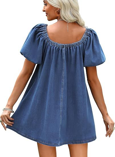 Women Summer Square Collar Puff Sleeve Lace up Elegant Short Denim Dress