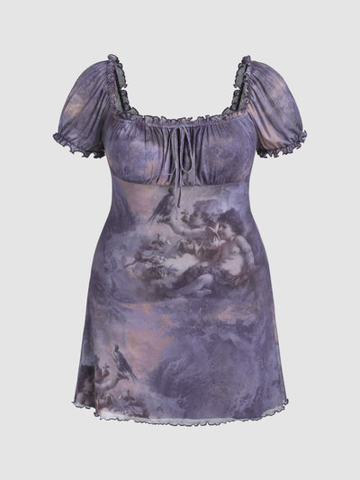 Plus Size Women Clothes Summer Square Collar High Waist Stretch Dress