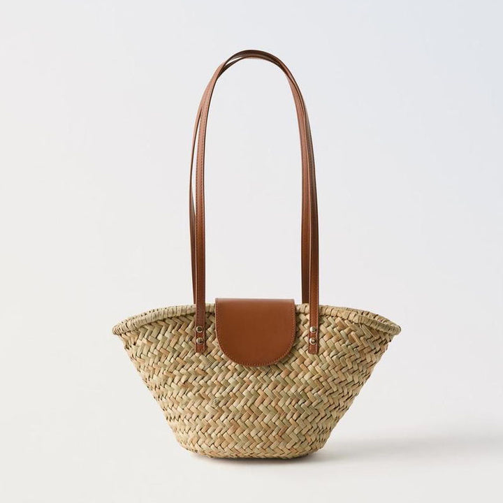 Natural Grass Shoulder Straw Bag Faux Leather Stitching Woven Bag Vacation Beach Bag All Match Rattan Weave Bag - GLAMWEARS