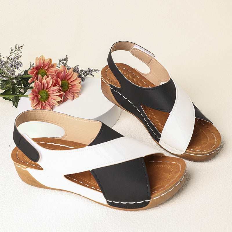Platform Cross Wedge Sandals Women Outer Wear Contrast Color Breathable Velcro Beach Slippers - GLAMWEARS