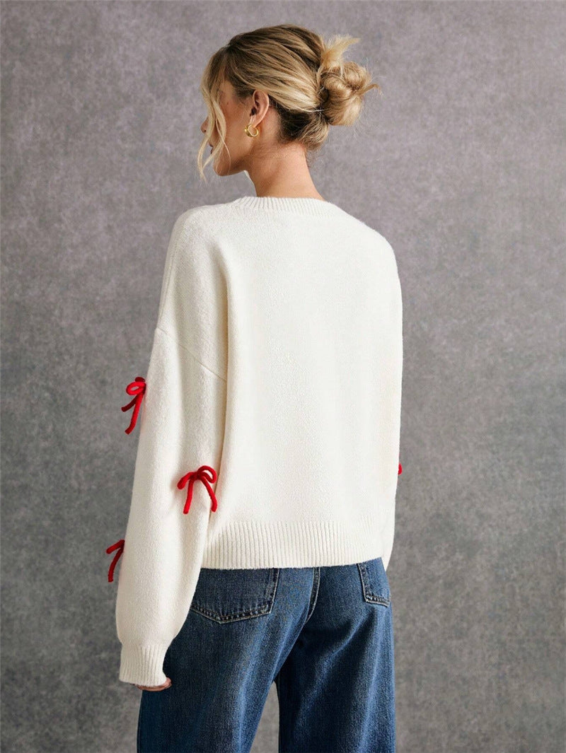 Red Bow Decoration Loose Crew Neck Pullover Sweater Autumn Top