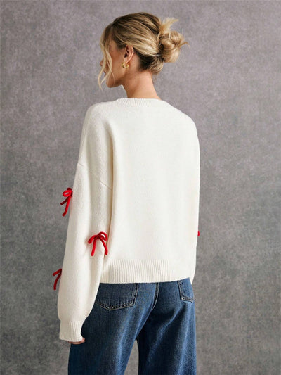 Red Bow Decoration Loose Crew Neck Pullover Sweater Autumn Top
