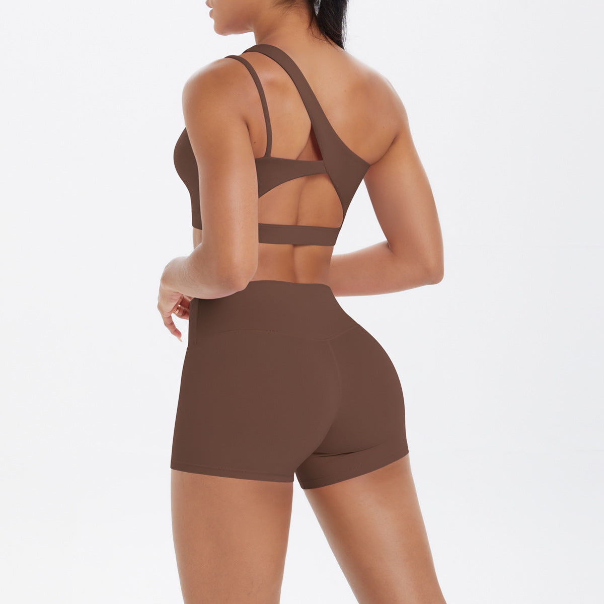 Oblique One Shoulder Beauty Back Yoga Bra Nude Feel Sports Bra Strap Running Workout Vest Shorts Set Women