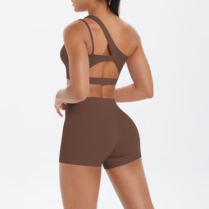 Oblique One Shoulder Beauty Back Yoga Bra Nude Feel Sports Bra Strap Running Workout Vest Shorts Set Women