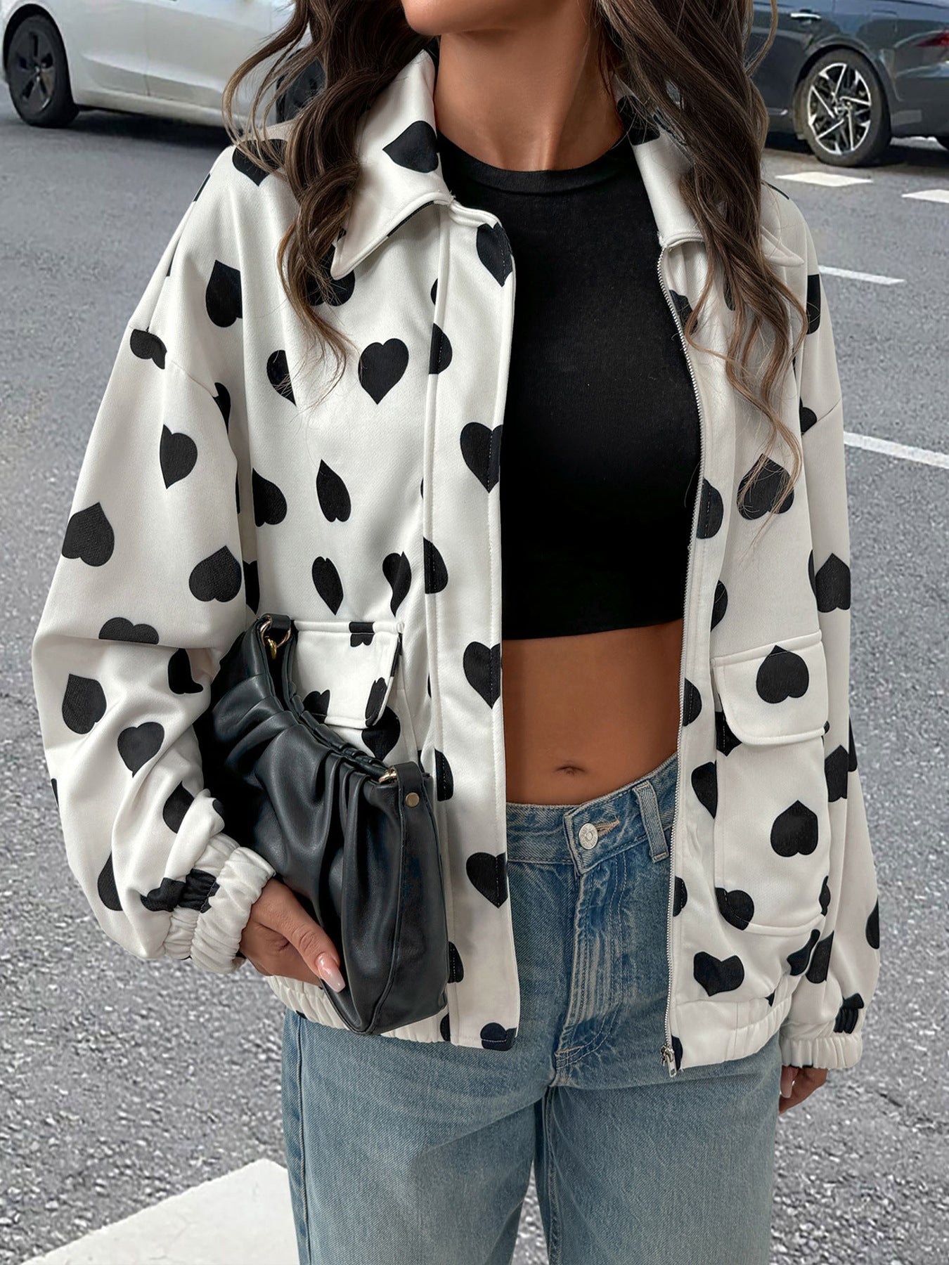 Street Casual Sweet Zipper Collared Love Coat Women Spring Autumn Jacket