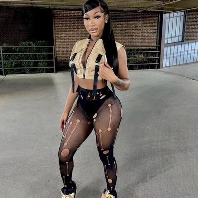 High Waist Mesh Hollow Out Cutout Ripped Sexy Slim Fit Pantyhose Women Clothing