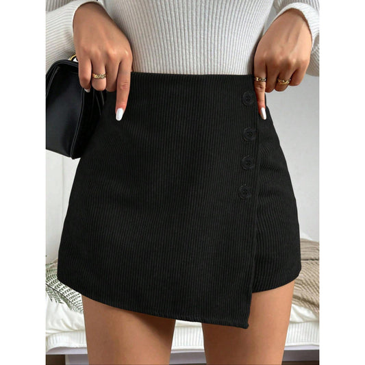 Women Solid Color Corduroy Dress Front Irregular Asymmetric Short Culottes