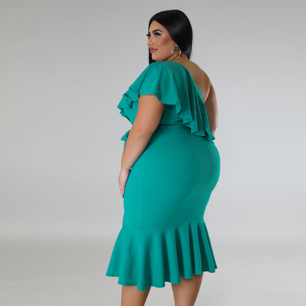 Plus Size Women Clothing Slim Casual Ruffled Tube Top Midi Dress