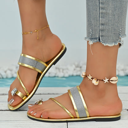 Rhinestones Strap Toe Covering Flat Slippers Women Outer Wear Golden Beach Sandals