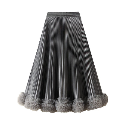 Elegant Pleated Petal Skirt Women High Grade Mid Length A line Skirt Wooden Ear Skirt
