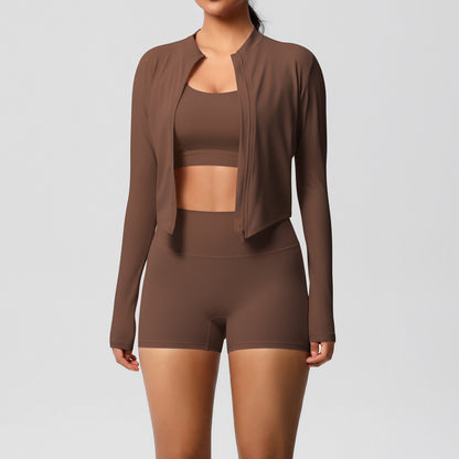 Solid Color Cloud Sense Yoga Bra Sports Coat Pilates Running Shorts Fitness Yoga Wear Three Piece Set for Women