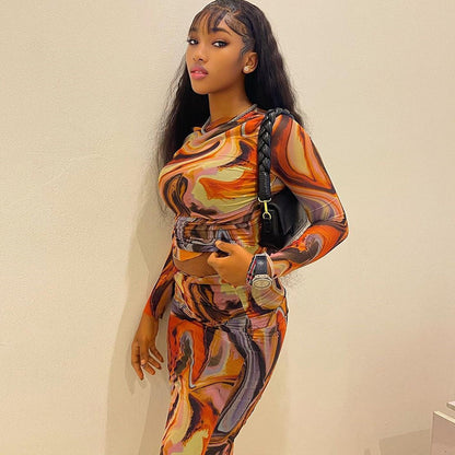 Print round Neck Long Sleeves Cropped Top Sheath Skirt Set Trendy Women
