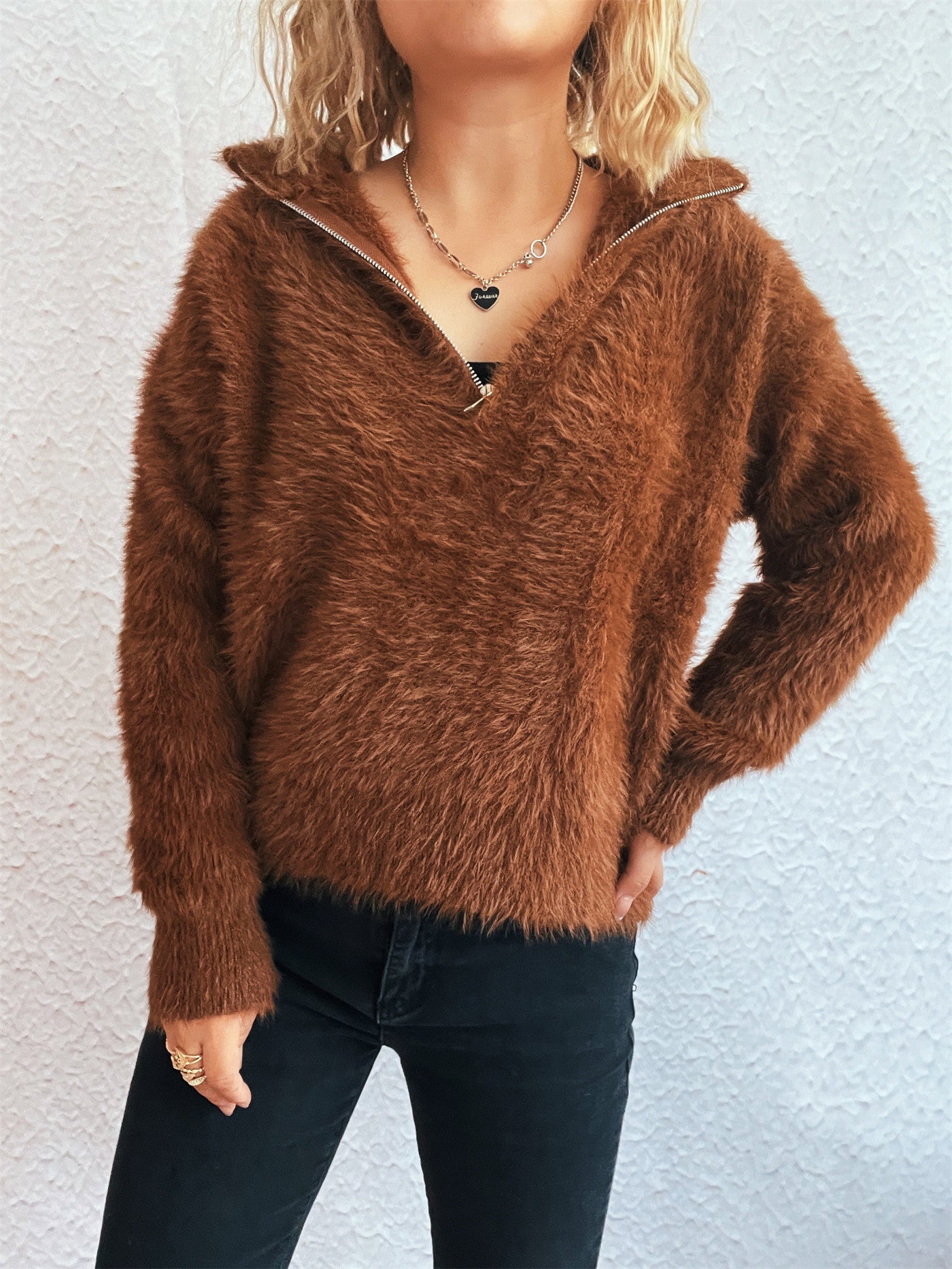 Solid Color Short Casual Polo Collar Half Zipper Knitted Top Commuting Women Sweater